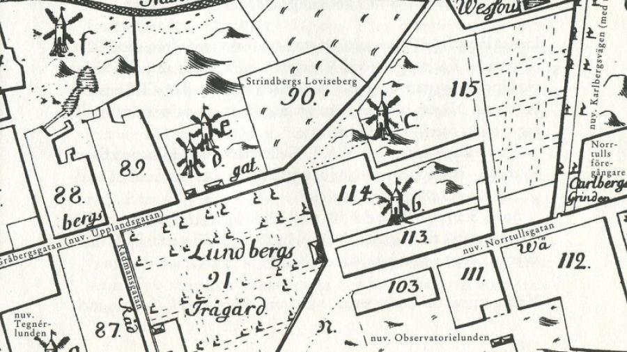  Kvarnar på Tillaeus karta från 1733, vid Observatoriekullen. a är Spelbomskan (längst ner t.h.), b är Lilla Stampan, c är Stora Stampan, d är Stora Adam, e är Lilla Eva, f är Gamla Rörstrandskvarnen och g är den äldre Barnhuskvarnen. Norr är till höger.