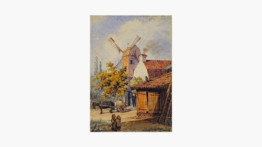  Lilla Stampan på sin ursprungliga plats, akvarell av Albert Theodor Gellerstedt, 1862. o Lilla Stampan låg alltså ungefärligen ca 50 – 75 m nedför Vegagatan från oss sett och Stora Stampan ungefärligen på andra sidan Upplandsgatan strax nedanför norra ä